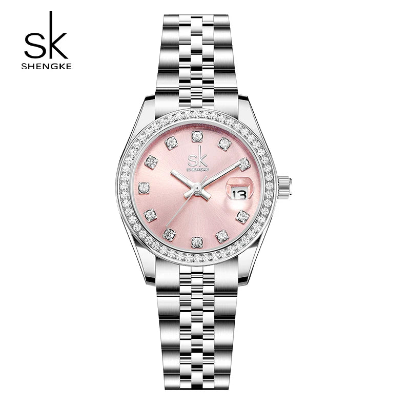 Shengke New Luxury Ladies Wristwatches Fashion Diamond Women's Quartz Watches Top Brand Woman's Gifts Clock Calendar Stainless S