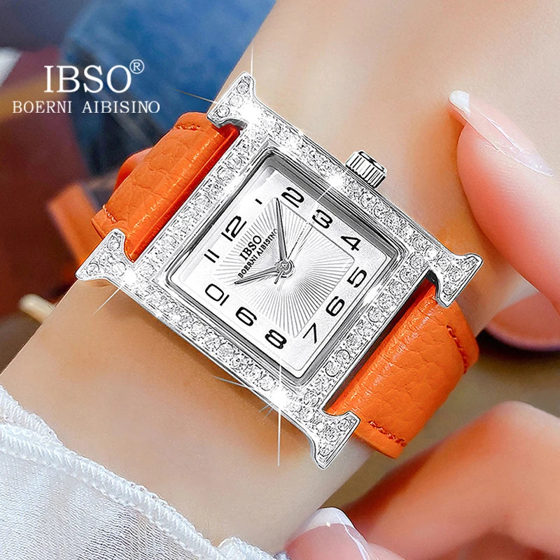 IBSO 2026 New Luxury Women Rectangle Watches Japanese Quartz Movement Ultra-Thin 3ATM Waterproof Full Diamond Genuine Leather