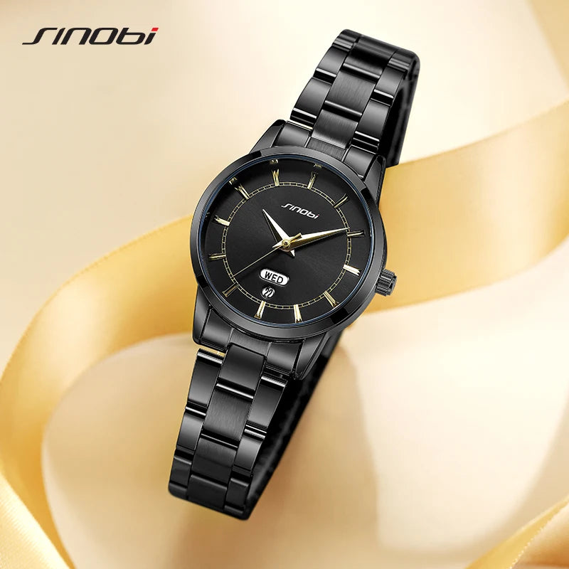 SINOBI Ladies Stainless Steel Watches Fashion Design Women's Quartz Wristwatches Elegant Female Business Clock