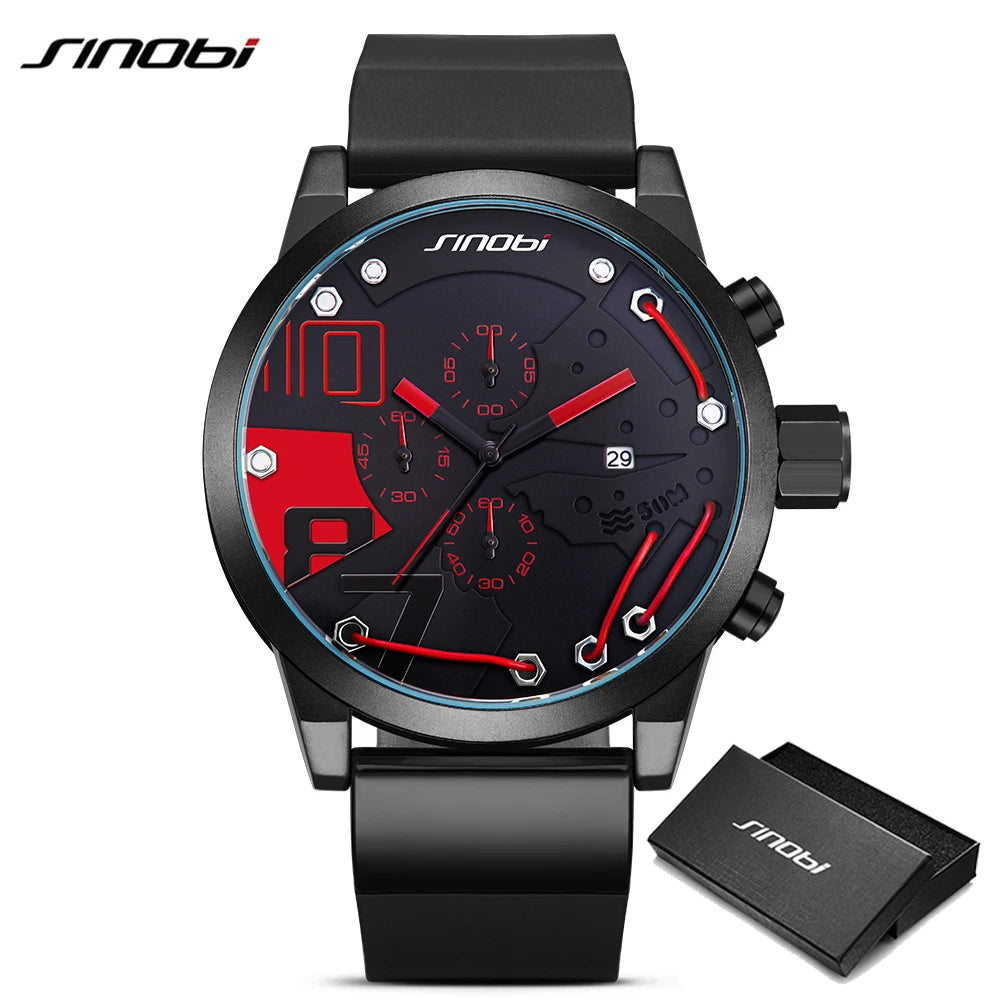 SINOBI Mens Sports Chronograph Silicone Watch Waterproof Top Brand Men's Watches Fashion Casual Quartz Relogio Masculino saat