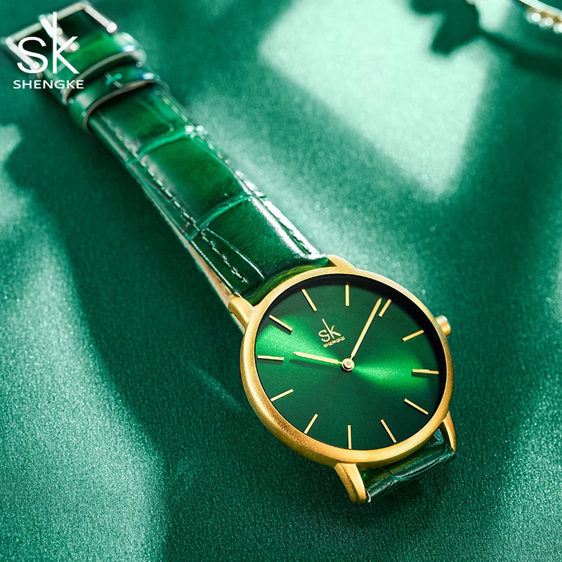 Shengke Fashion Leather Strap Women Watches Green Watch for Women Reloj Mujer Casual Ladies Quartz Wristwatches Relogio Feminino
