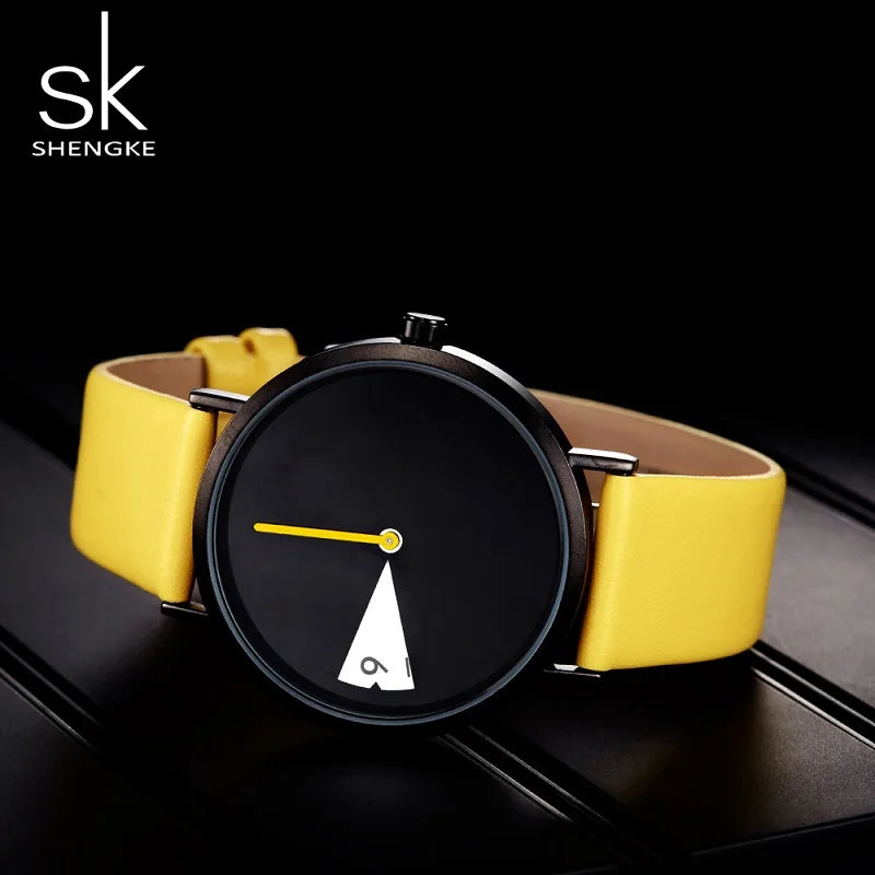 Shengke Top Women Watch Creative Wristwatch Ladies Watch Rotate Yellow Leather Band Wristwatches Clock Montres Femme Reloj Mujer
