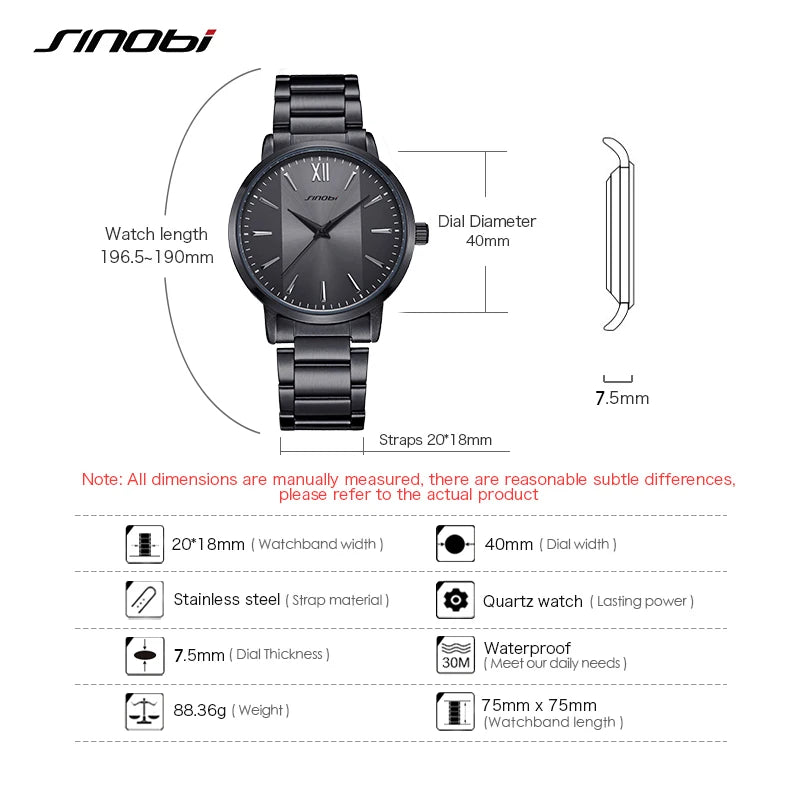 SINOBI Top Luxury Man Watch Business Waterproof Male Stainless Steel Quartz Wristwatches Men's Brand Clock Casual Reloj Hombre