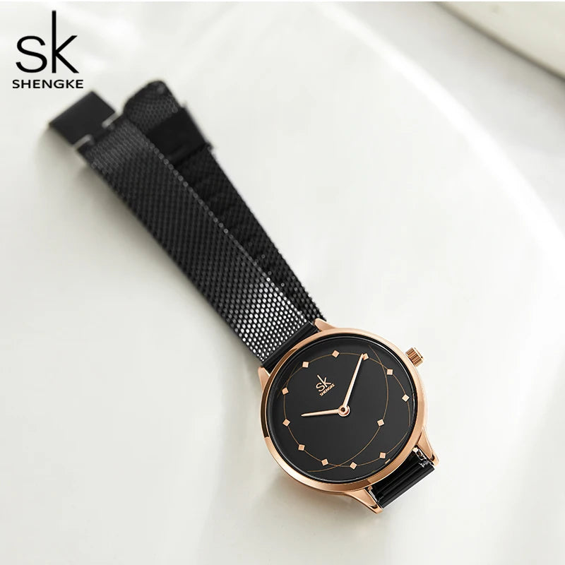Shengke New Arrival Women Watch Black Quartz Wirstwatches Milan Meshband Ladies Watches Montre Femme Gifts Clock Reloj Mujer