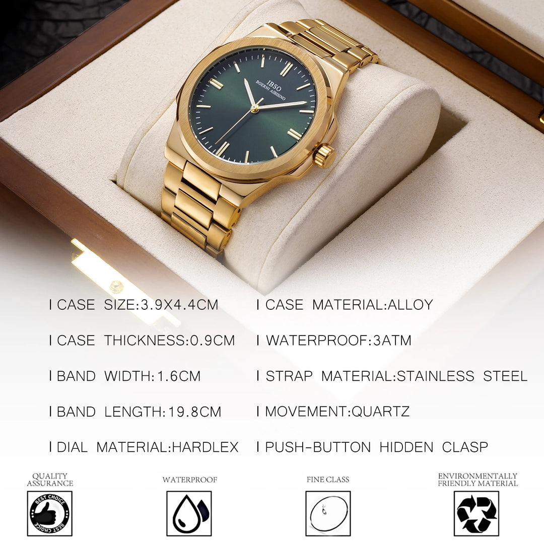 IBSO 2026 New Men Luxury Quartz Watch Brass Steel Case Stainless Steel Strap 3ATM Waterproof Japan Quartz Movement S1128G