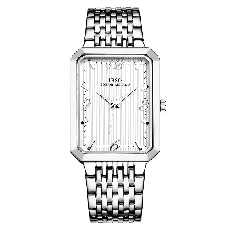 IBSO Ultra-Thin Men Quartz Watch Luxury Style Rectangle Dial Stainless Steel Strap Waterproof 3ATM Wristwatch Relogio Masculino