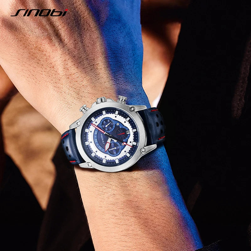 SINOBI New Fashion Sports Mens Watches Stainless Steel Chronograph Man Quartz Wristwatches Luminous hands Male's Calender Clock