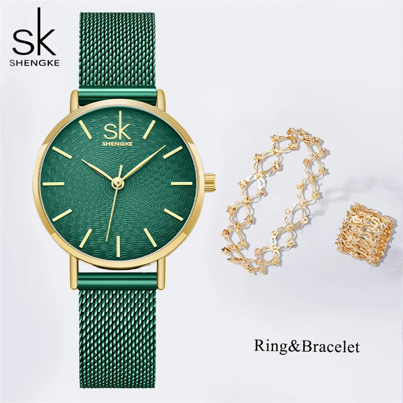Shengke Elegant Women's Watches 2 In 1 Magic Retractable Ring Bracelet Set Top Sales Brand Ladies Quartz Wristwatches Best Gifts