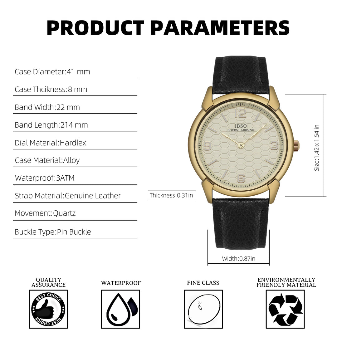 IBSO New Men Quartz Watches 2026 New Style Genuine Leather Strap 3ATM Waterproof 2Hands Stainless Steel Back Case