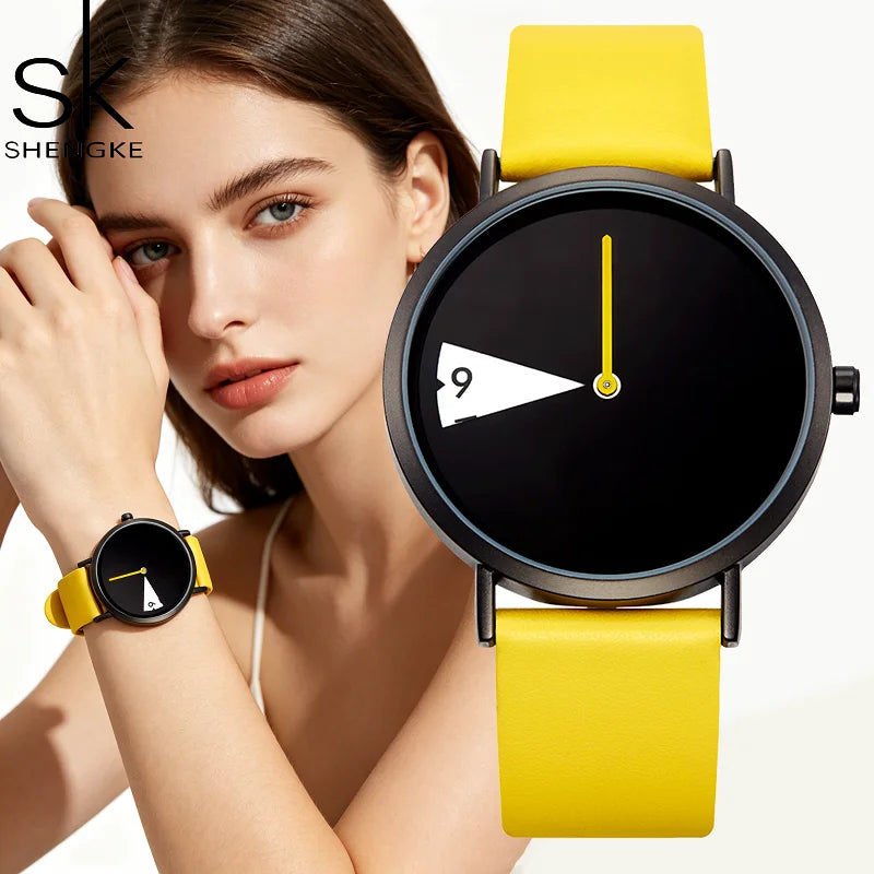 Shengke Top Women Watch Creative Wristwatch Ladies Watch Rotate Yellow Leather Band Wristwatches Clock Montres Femme Reloj Mujer