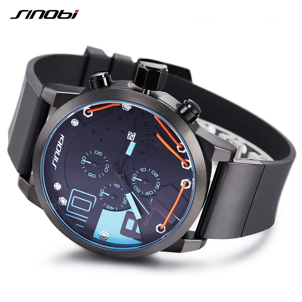SINOBI Mens Sports Chronograph Silicone Watch Waterproof Top Brand Men's Watches Fashion Casual Quartz Relogio Masculino saat