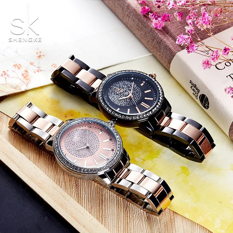 Shengke Top Luxury Women's Watches 2 In 1 Magic Retractable Ring Bracelet Diamond Ladies Quartz Wristwatches Best Gifts Clock