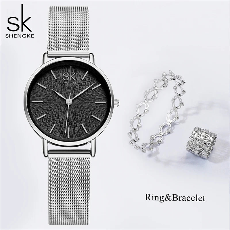 Shengke Elegant Women's Watches 2 In 1 Magic Retractable Ring Bracelet Set Top Sales Brand Ladies Quartz Wristwatches Best Gifts
