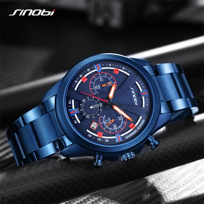 SINOBI Brand Men's Watches New Styles Chronograph Man's Quartz Wrist Watches Fashion Stainless Steel Best Gifts Calendar Clock