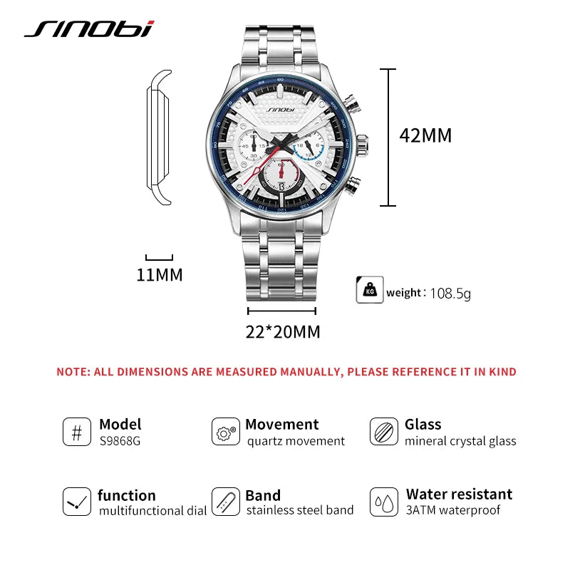 SINOBI New Arrival Fashion Mens Watches Chronograph Calender Casual Man's Quartz Wristwatches Luminous Hand Male Stainless Clock