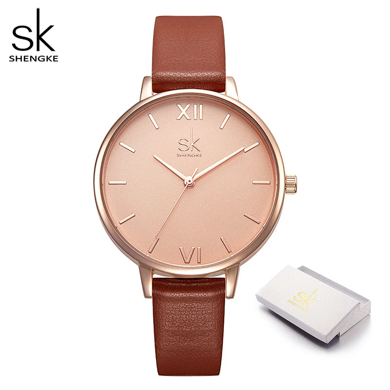 Shengke SK Top Watches Women Brand Leather Quartz Wristwatches Luxury Design Clock for Ladies Charm Flowers Dial Montre Femme