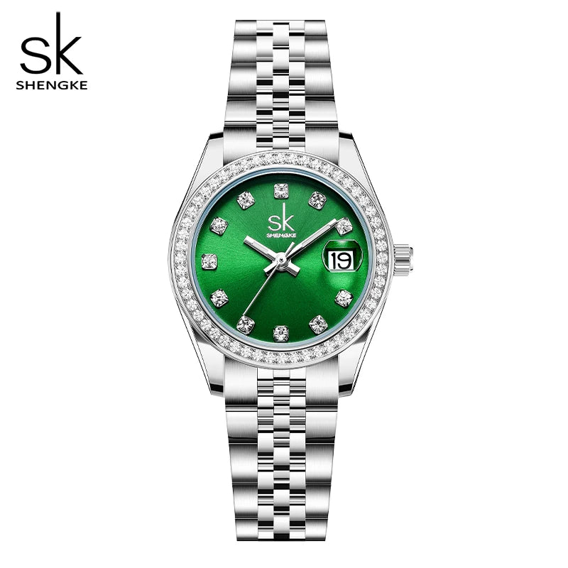 Shengke New Luxury Ladies Wristwatches Fashion Diamond Women's Quartz Watches Top Brand Woman's Gifts Clock Calendar Stainless S
