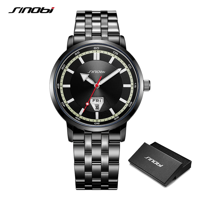 SINOBI Top Brand Men's Quartz Watches Fashion Design Man's Wristwatches Calendar Weekly Display Top Luxury Gifts Clock Stainless