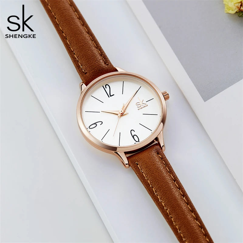 Shengke new watch women Casual Leather Female's Watches Girl Wristwatches Japanese Quartz Clock Relogio Feminino Reloj Mujer