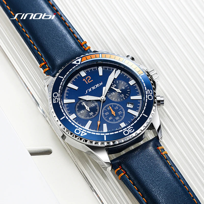 Sinobi Original New Design Men's Quartz Wristwatches Chronograph Man Leather Strap Watches Luminous Hands Males Clock Relojio