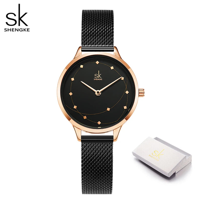 Shengke New Arrival Women Watch Black Quartz Wirstwatches Milan Meshband Ladies Watches Montre Femme Gifts Clock Reloj Mujer