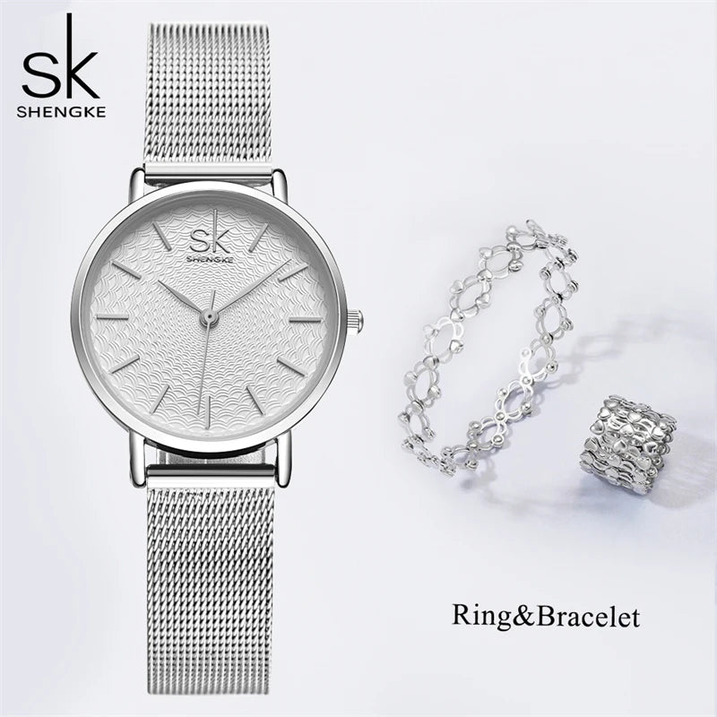 Shengke Elegant Women's Watches 2 In 1 Magic Retractable Ring Bracelet Set Top Sales Brand Ladies Quartz Wristwatches Best Gifts