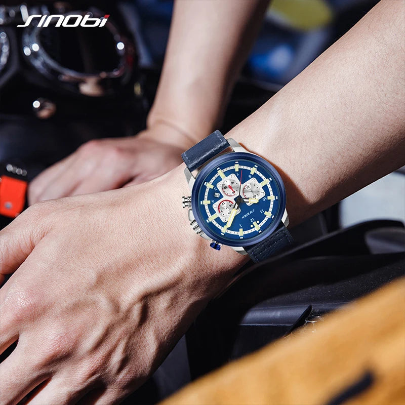 SINOBI New Luxury Brand Men Analog Leather Sports Watches Men's Army Military Watch Male Date Quartz Clock Relogio Masculino