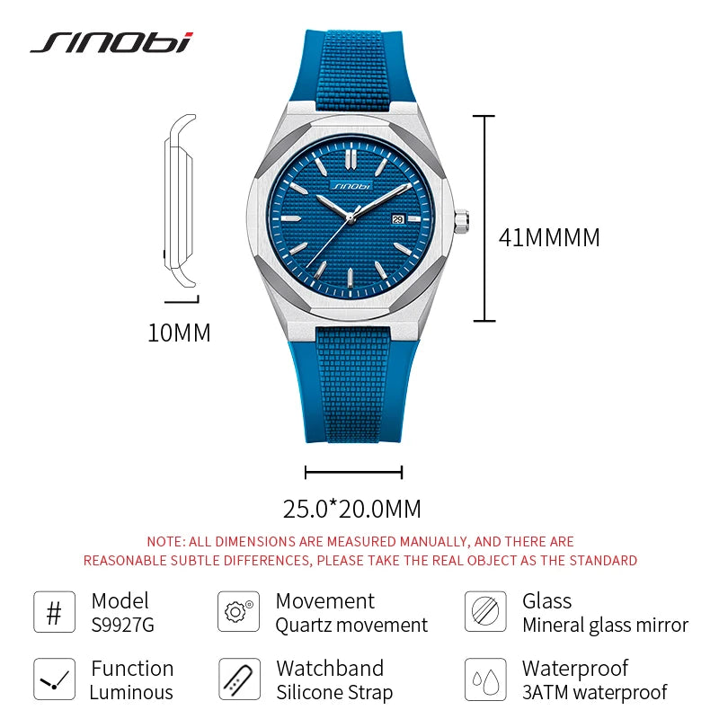 SINOBI New Fashion Design Men's Quartz Watches Original Style Man's Wristwatches Silicone Strap Top Brand Male Best Gifts Clock