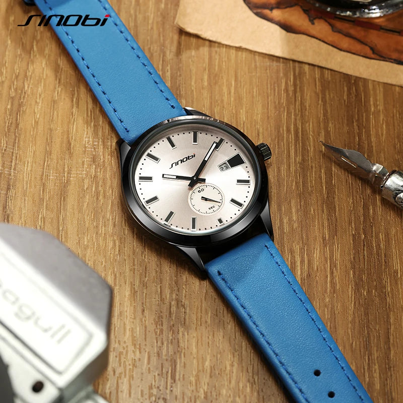 SINOBI Fashion Design Men's Watches Original Leather Strap Man's Quartz Wristwatches Best Gifts Clock for Male Relogio Masculino