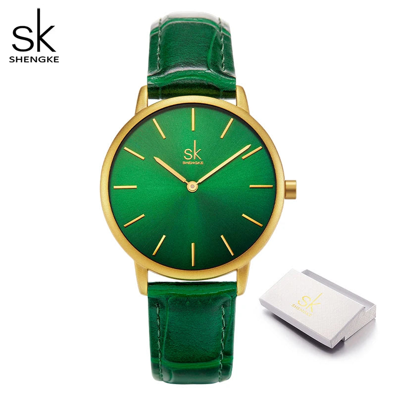 Shengke Fashion Leather Strap Women Watches Green Watch for Women Reloj Mujer Casual Ladies Quartz Wristwatches Relogio Feminino