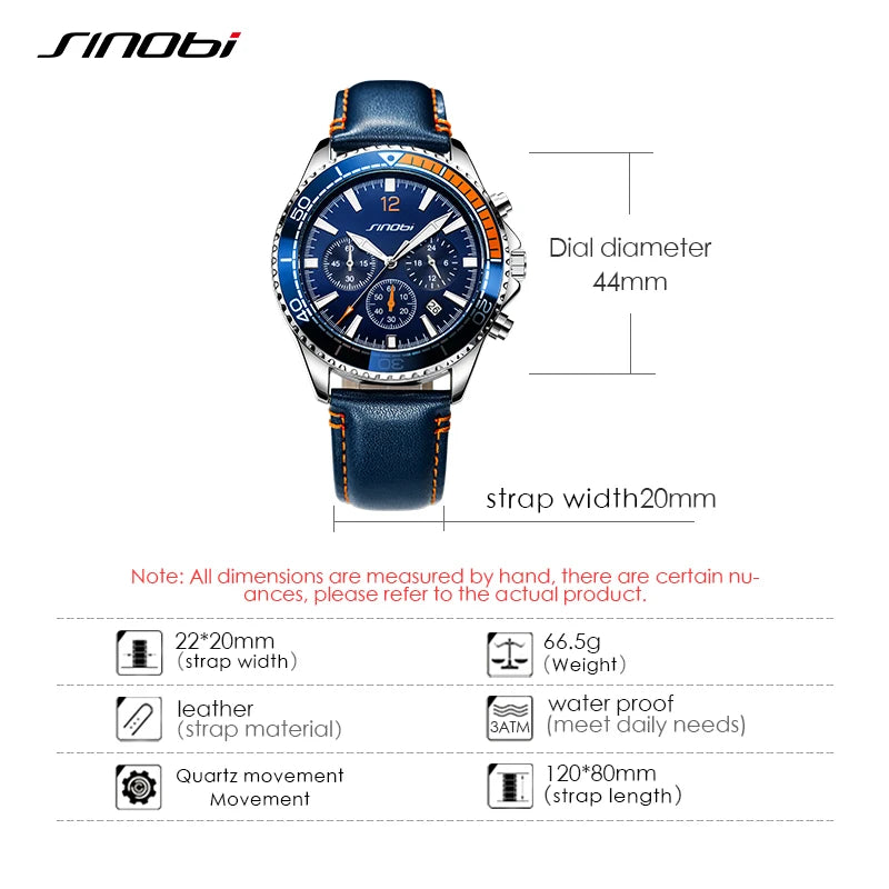 Sinobi Original New Design Men's Quartz Wristwatches Chronograph Man Leather Strap Watches Luminous Hands Males Clock Relojio