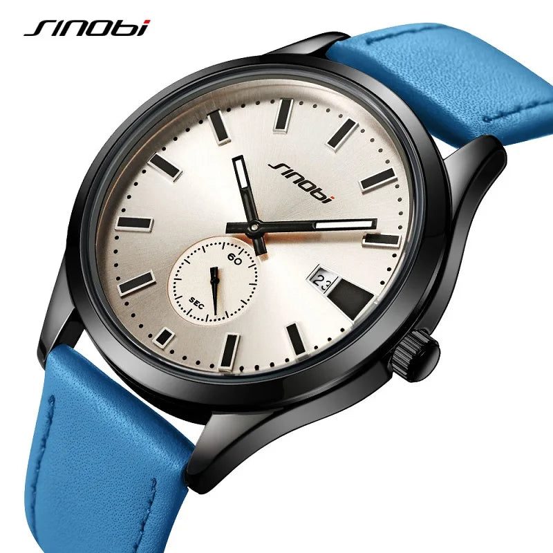 SINOBI Fashion Design Men's Watches Original Leather Strap Man's Quartz Wristwatches Best Gifts Clock for Male Relogio Masculino