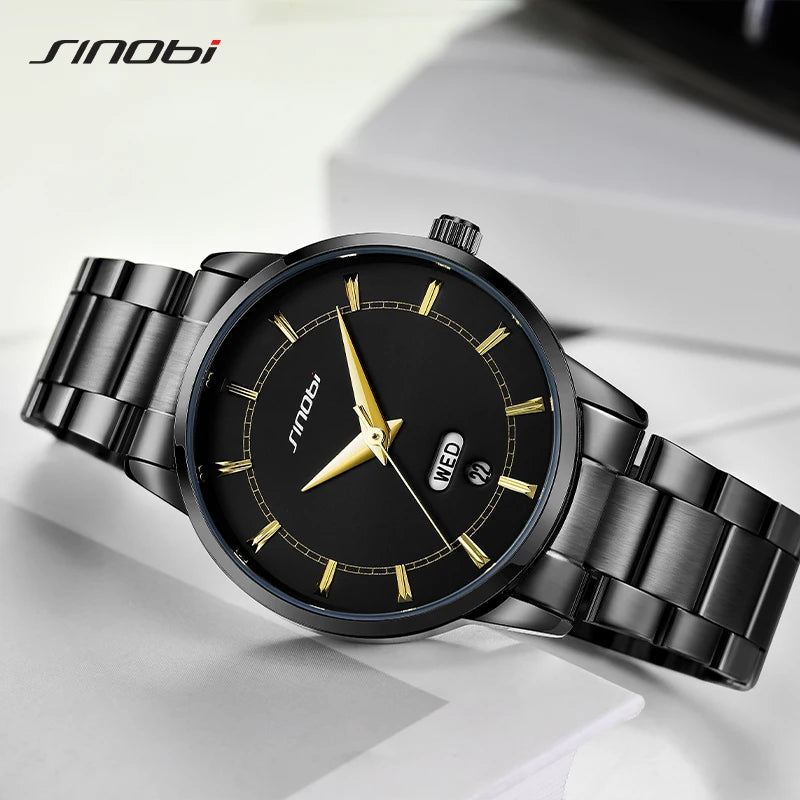 SINOBI Stainless Steel Mens Quartz Watches Top Brand Man's Wristwatches Original Design Male Best Gifts Clock