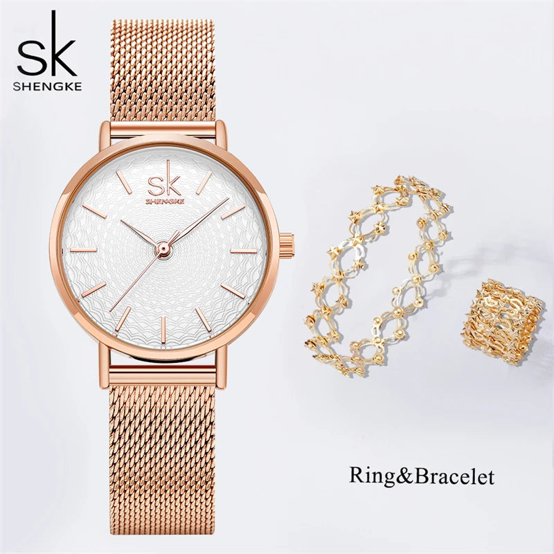 Shengke Elegant Women's Watches 2 In 1 Magic Retractable Ring Bracelet Set Top Sales Brand Ladies Quartz Wristwatches Best Gifts