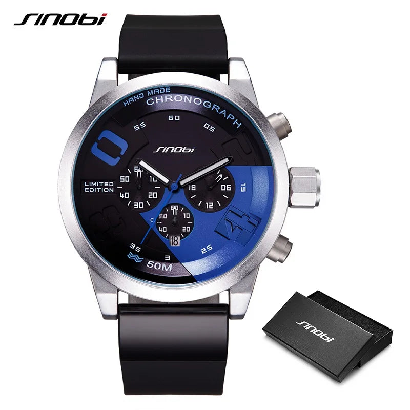 SINOBI Men Sports Watches  Waterproof Black Dial Males Chronograph Quartz Wrist Watch 2017 New Fast Furious Relogio Masculino