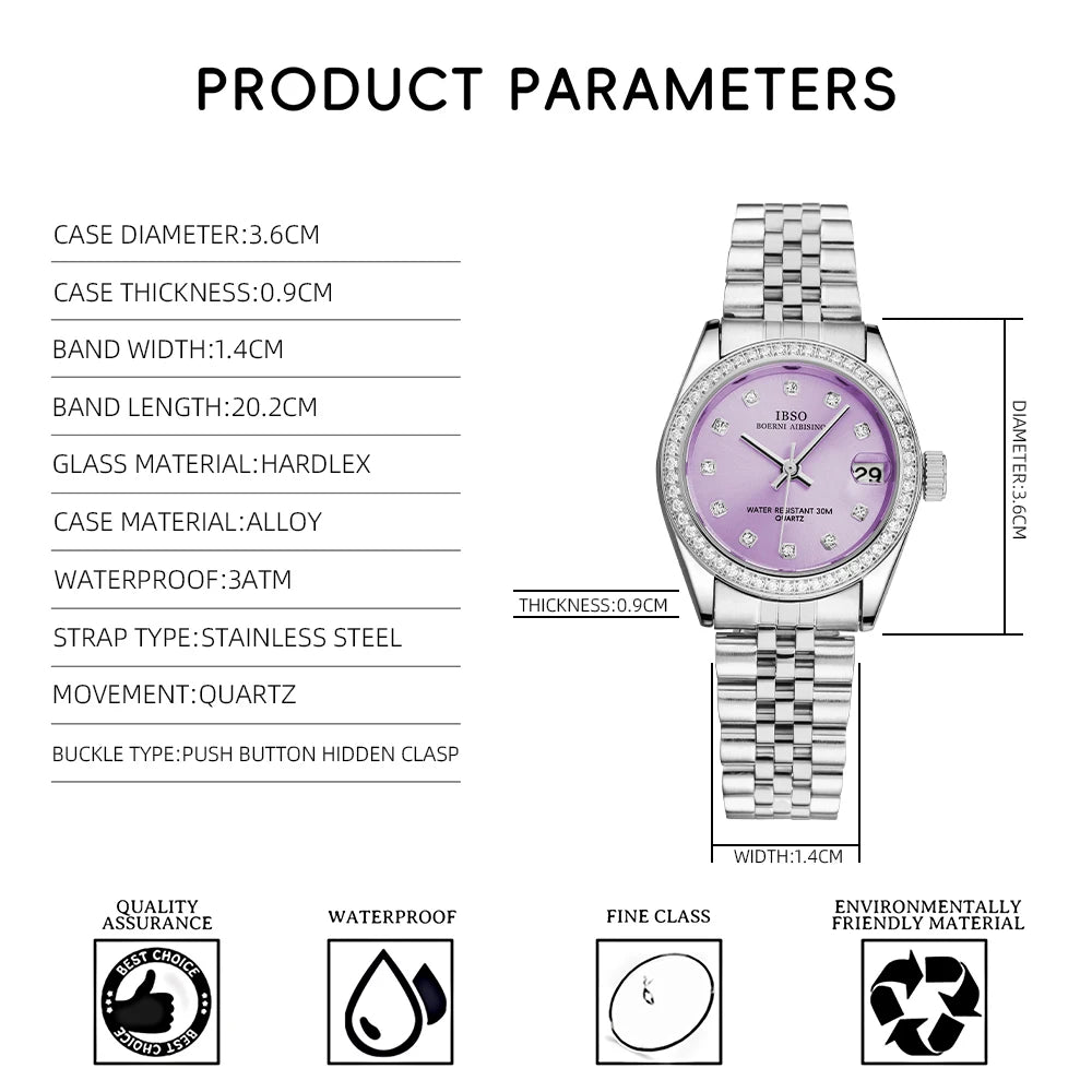 IBSO New Women Luxury Wristwatches Elegant Date Green Ladies Watch Japanese Movement Quartz Watch Stainless Steel Strap S1079