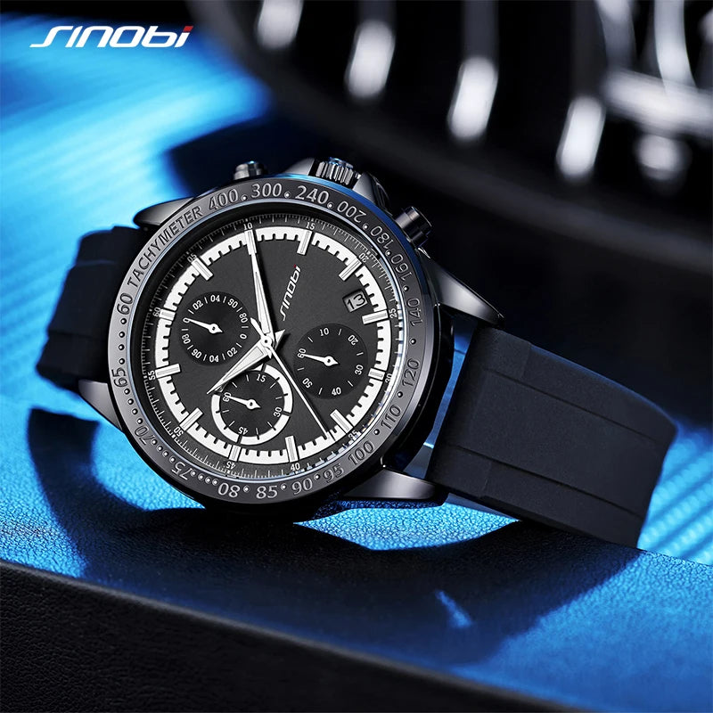 SINOBI Top Brand Silicone Strap Men's Watches Man's Sports Quartz Wrist  watches Chronograph Luminous Hands Gifts Clock for Male