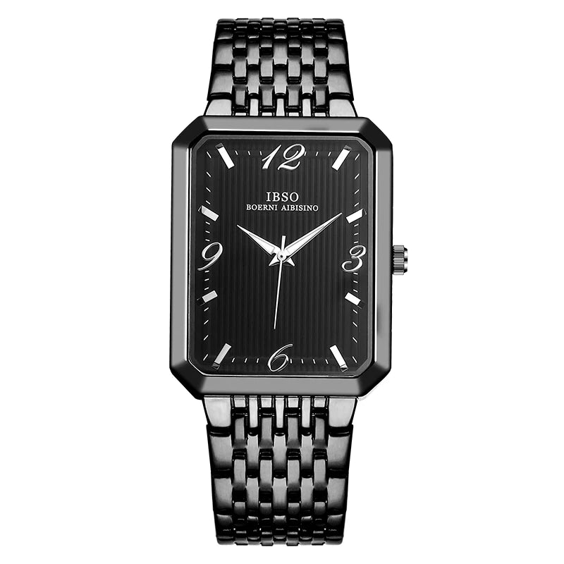 IBSO Ultra-Thin Men Quartz Watch Luxury Style Rectangle Dial Stainless Steel Strap Waterproof 3ATM Wristwatch Relogio Masculino