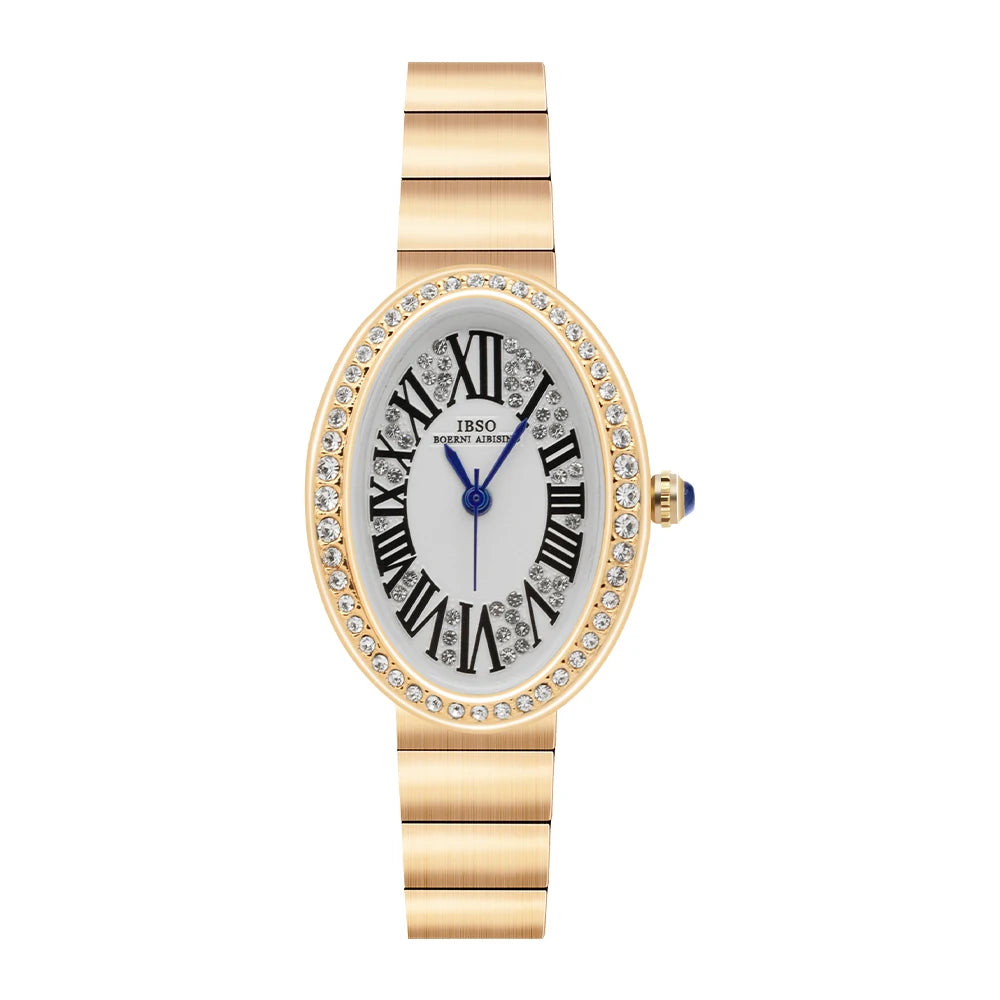 IBSO New Oval Dial Zircon Luxury Women Quartz Watches Simple Stainless Steel Strap 3ATM Waterproof Watch Ladies Free Shipping