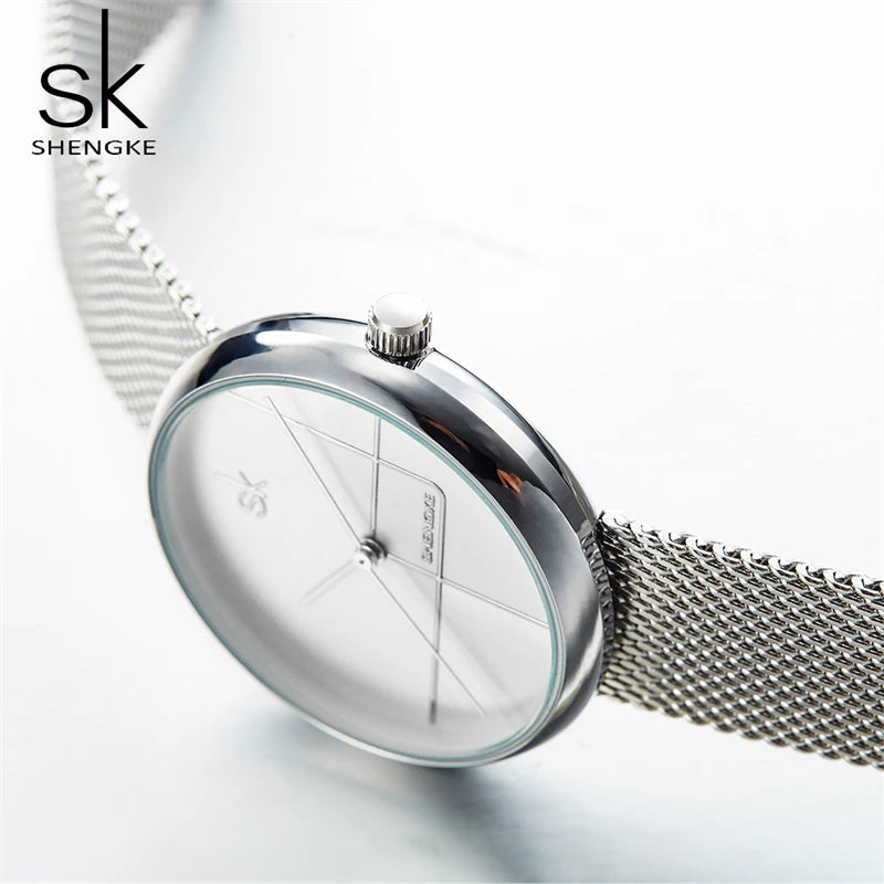 SHENGKE Fashion Golden Women Watches Top Luxury Woman's Quartz Wristwatches SK Mesh Brand Creative Ladies Clock Reloj Mujer Saat