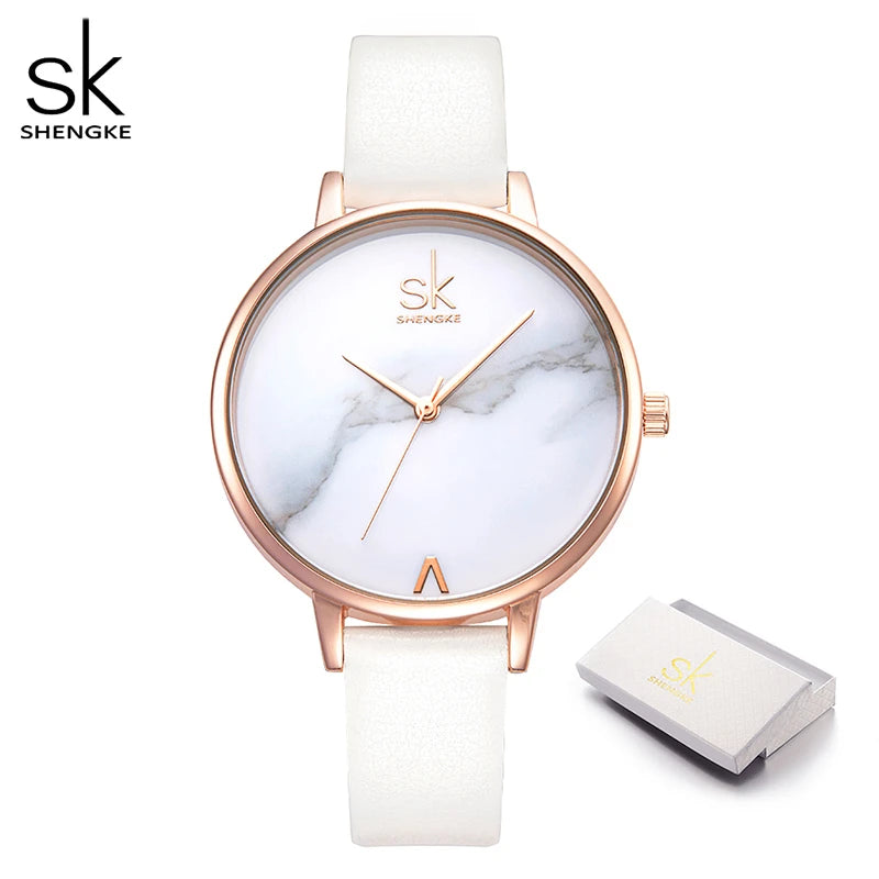 Shengke SK Top Watches Women Brand Leather Quartz Wristwatches Luxury Design Clock for Ladies Charm Flowers Dial Montre Femme