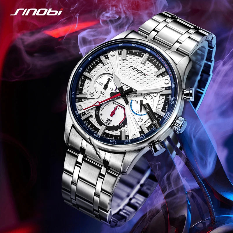 SINOBI New Arrival Fashion Mens Watches Chronograph Calender Casual Man's Quartz Wristwatches Luminous Hand Male Stainless Clock
