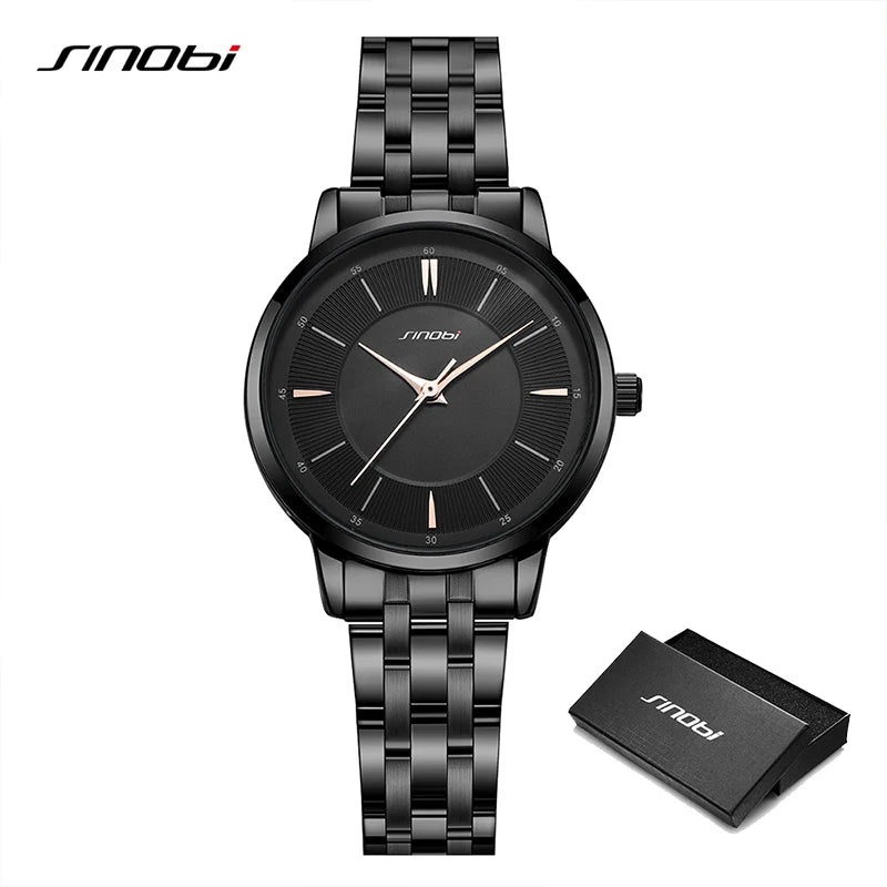SINOBI Fashion Women's Watches Casual Stainless Steel Woman Quartz Wristwatches Elegant Dresses Best Clock for Female Waterproof