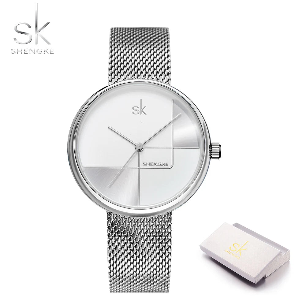SHENGKE Fashion Golden Women Watches Top Luxury Woman's Quartz Wristwatches SK Mesh Brand Creative Ladies Clock Reloj Mujer Saat