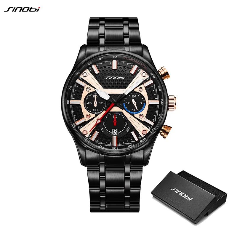 SINOBI New Arrival Fashion Mens Watches Chronograph Calender Casual Man's Quartz Wristwatches Luminous Hand Male Stainless Clock