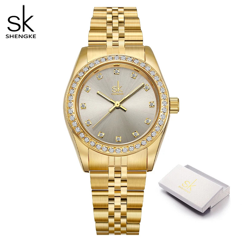 Shengke Women Watches Fashion Geneva Designer Ladies Watch Luxury Brand Diamond Quartz Gold Wrist Watch Gifts For Women Relogio
