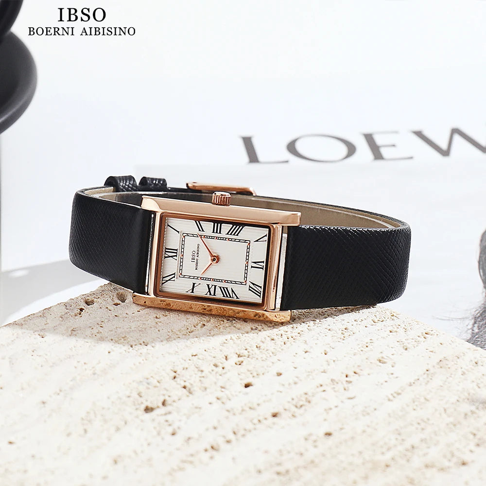 IBSO Ultra-Thin Slim Women Watches Japanese Seiko Movement Y120 Rectangle Dial Genuine Leather Strap 30m Waterproof Women's Gift