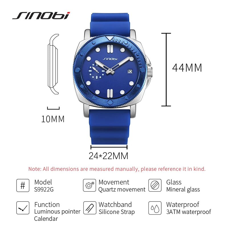 SINOBI Fashion Design Men's Watches Top Brand Rubber Strap Man's Quartz Wristwatches Creative Styles Male Best Gift Clock