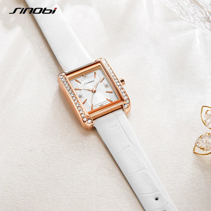 Sinobi New Elengant Women Watches Fashion Luxury Leather Strap Rectangle Dial Japanese Quartz Movement Wristwatch Ladies Watch