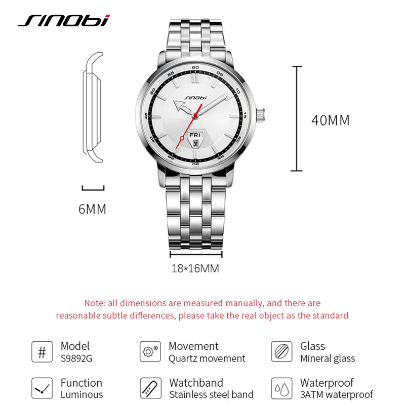 SINOBI Top Brand Men's Quartz Watches Fashion Design Man's Wristwatches Calendar Weekly Display Top Luxury Gifts Clock Stainless